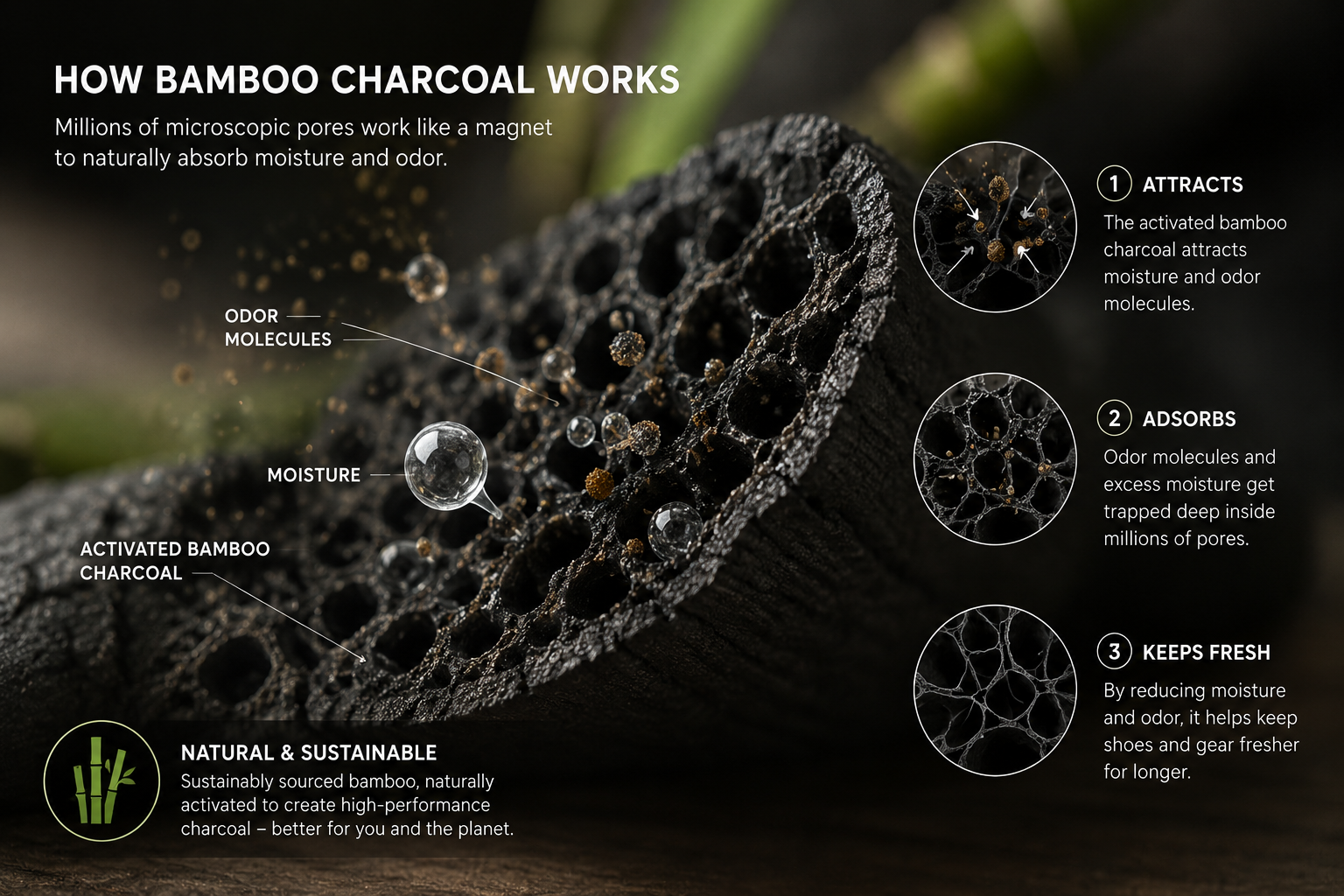 Infographic explaining how activated bamboo charcoal attracts and adsorbs odor molecules and moisture to keep shoes and sports gear fresh