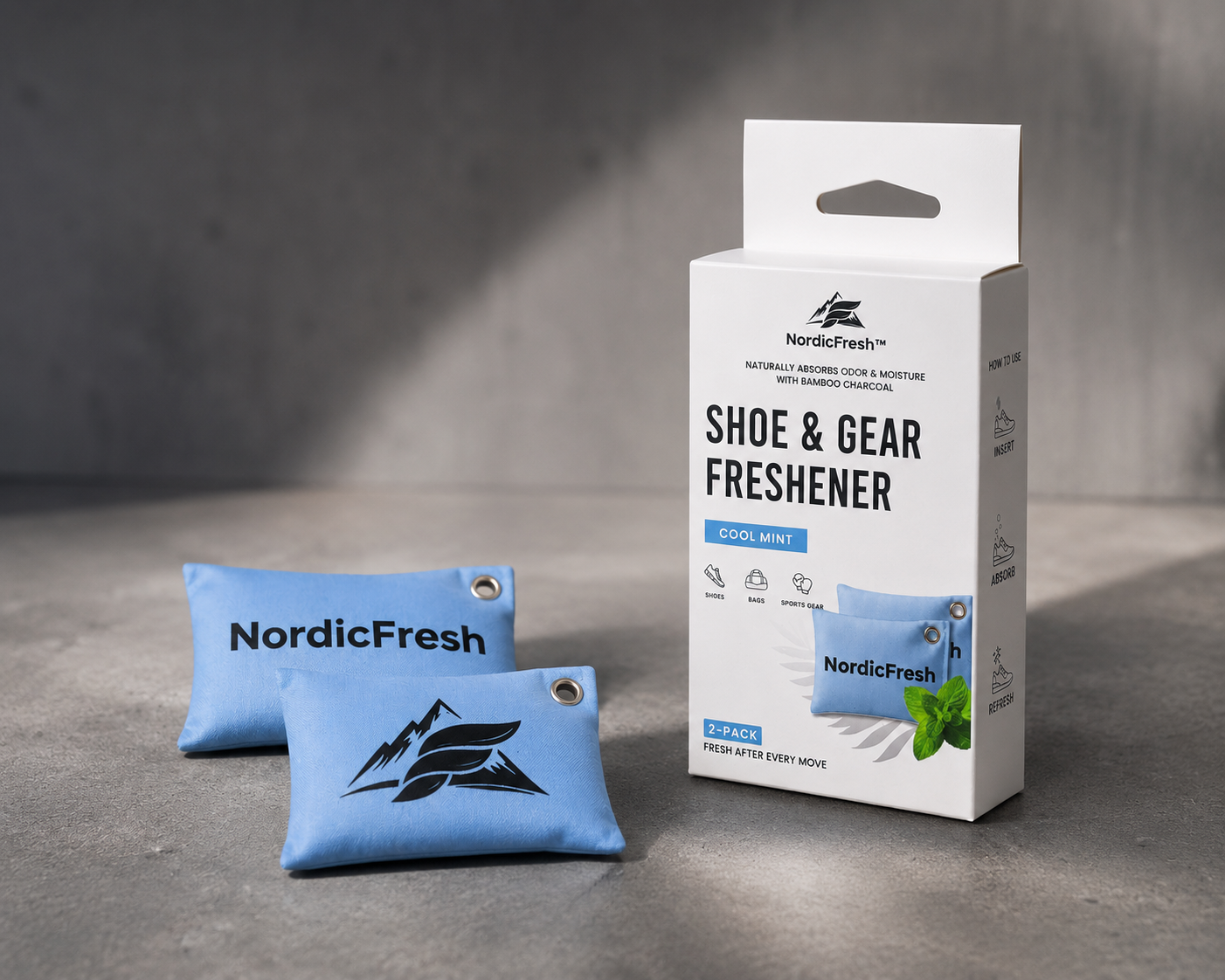 NordicFresh Cool Mint bamboo charcoal shoe & gear freshener pouch