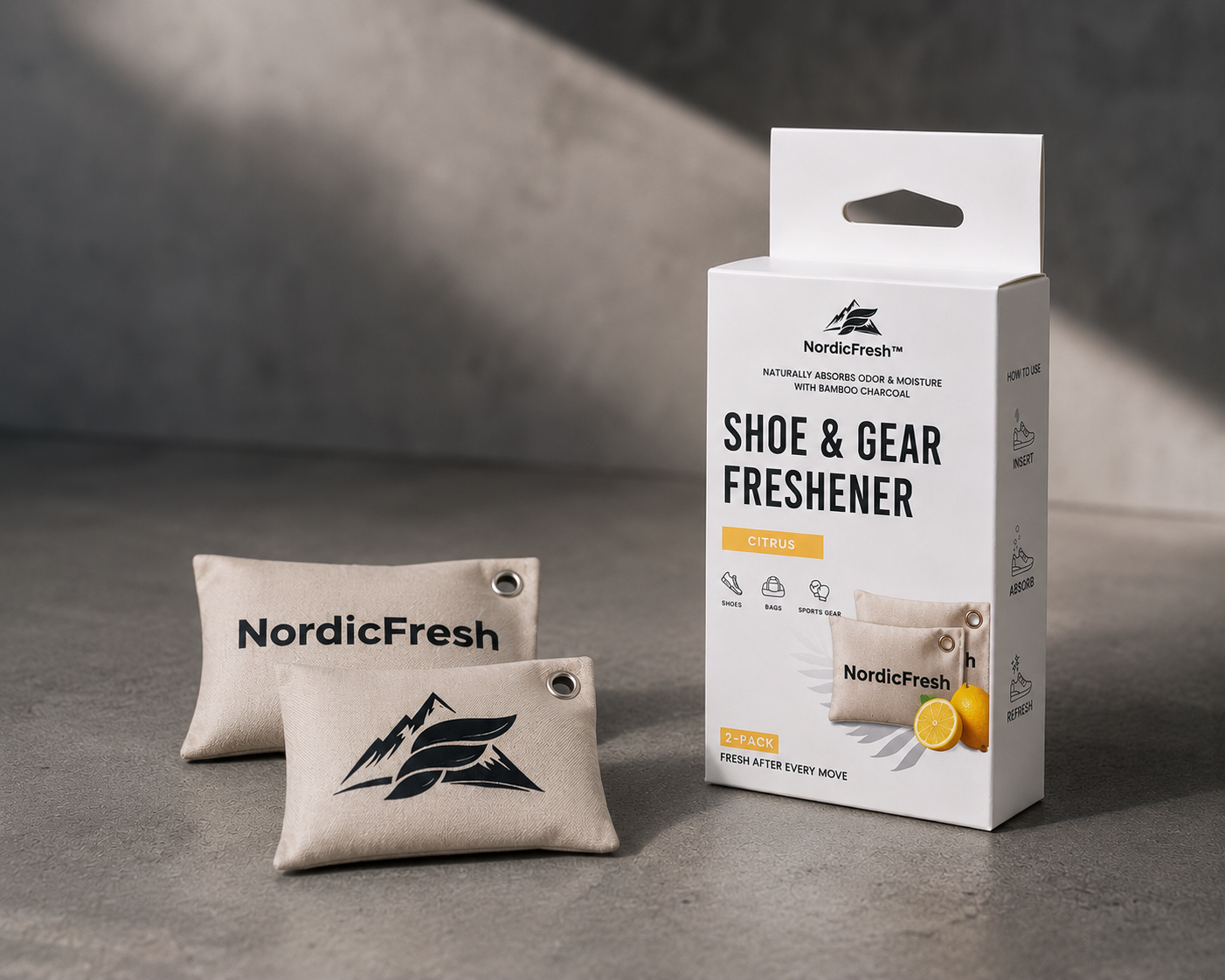 NordicFresh Citrus bamboo charcoal shoe & gear freshener with fresh citrus scent